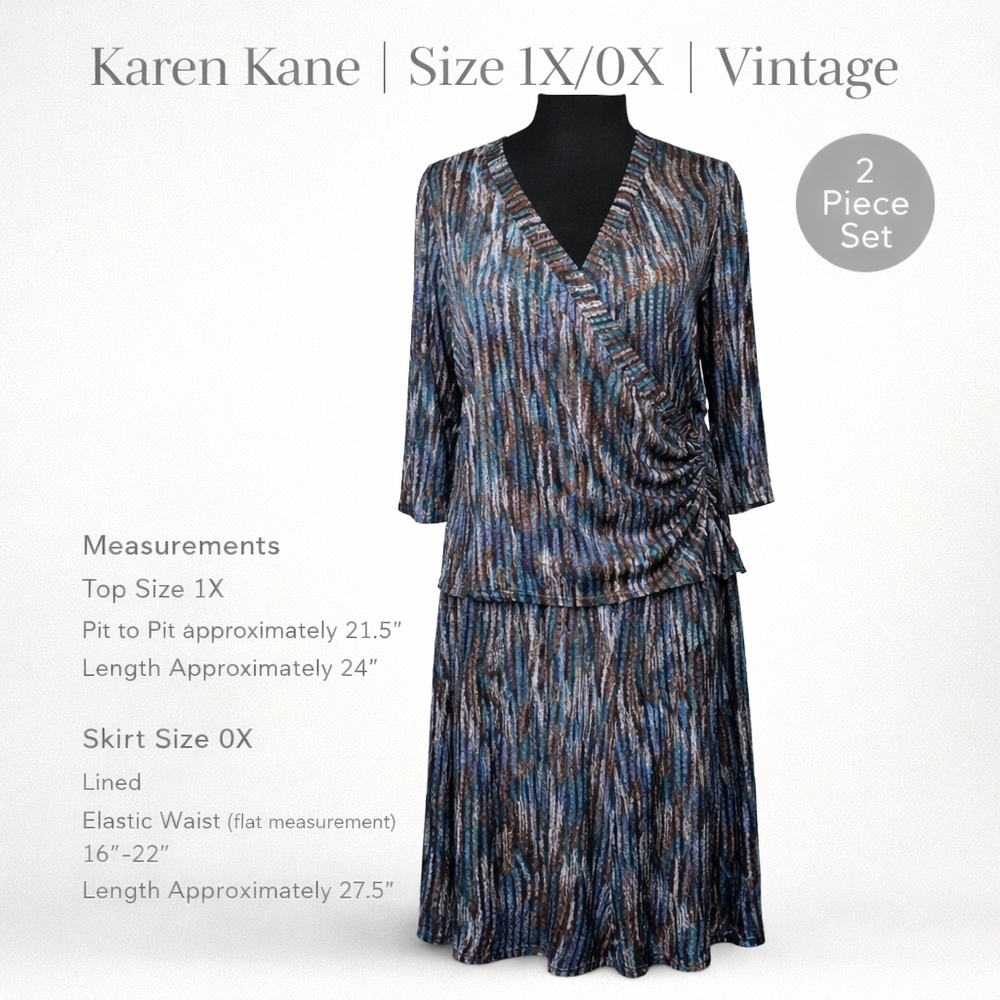 Vintage Karen Kane 2 Piece Skirt Set 1X 0X Plus Size Blue Brown